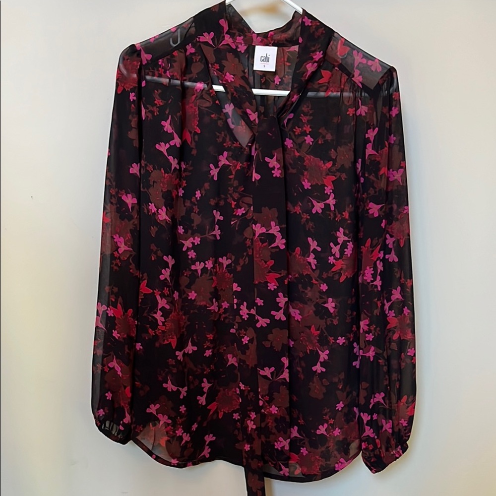 CAbi Black and Pink Long Sleeve Tie Front Blouse
